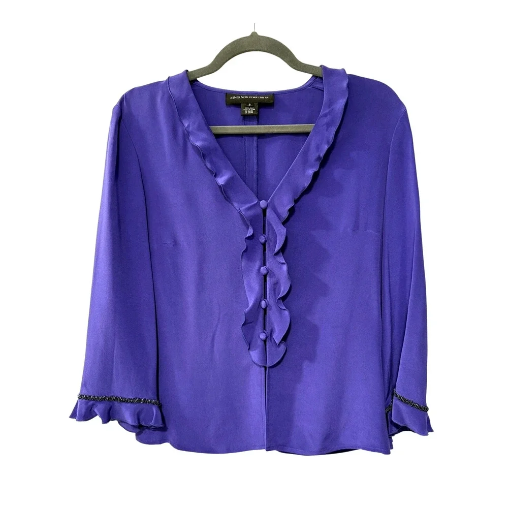 Silk 2 Pc Set Purple Beaded Ruffle Jacket VNTG A-Line Maxi Slip Dress Jones NY 8 - Picture 4 of 11